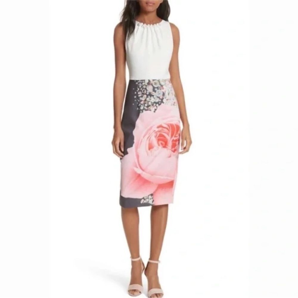 Ted Baker 14 (5) Rubelle Blenheim Palace White Pearled Top Gray Pink Midi Dress